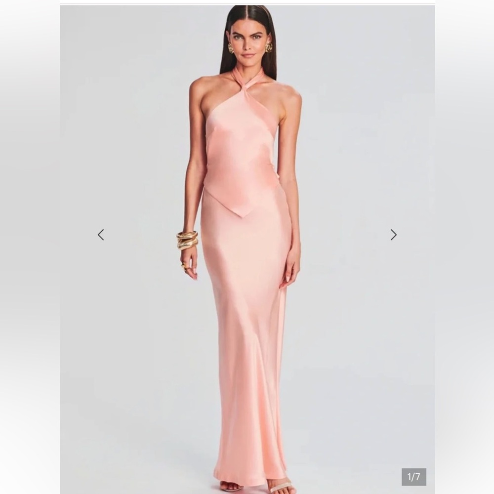 Retrofete Ester Halter Satin Evening Gown in Peche / Peach Pink